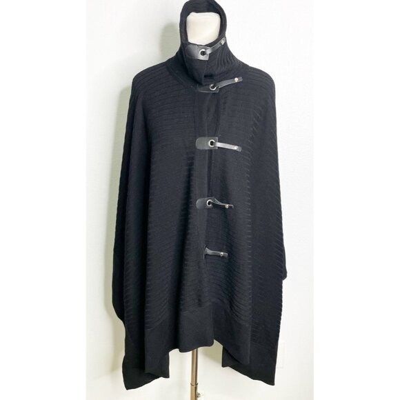 SAKS FIFTH AVENUE THREADS Black Merino Wool PONCHO SWEATER CAPE Small‎ Oversized - Picture 1 of 5
